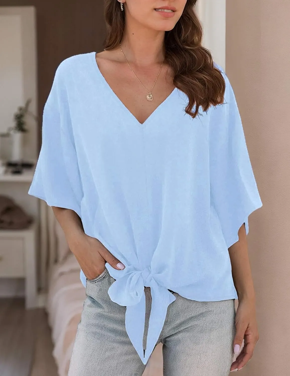 Women Tie Front Tops Sexy V Neck Short Sleeve Boho Shirts Summer Floral Chiffon Work Blouses