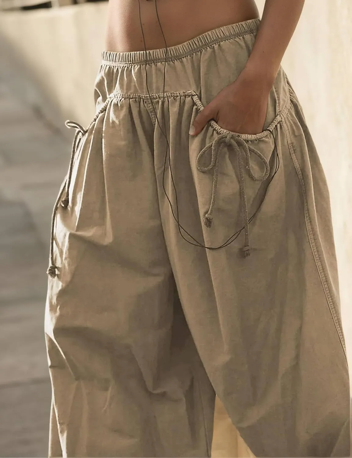 Women's Loose Wide Leg Track Pants Step by Step Pants Summer Wide Leg Lounge Casual Pant with Big Ruched Pockets