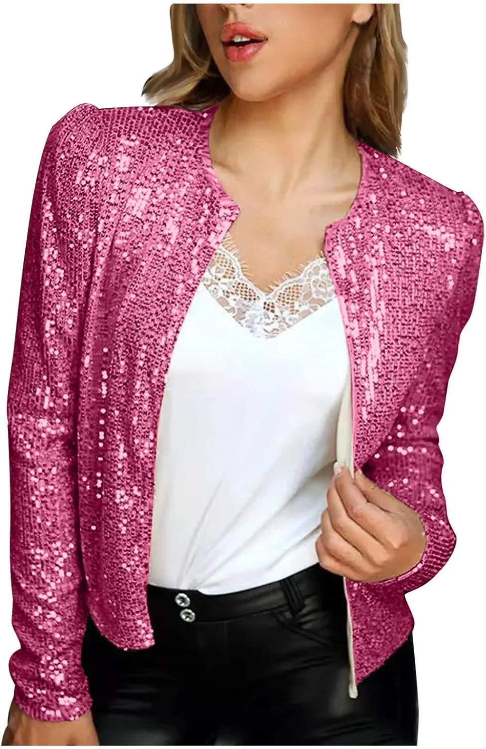 Womens Sequin Blazer Jacket Casual Long Sleeve Open Front Zip Up Sparkle Bomber Jackets for Evening Party