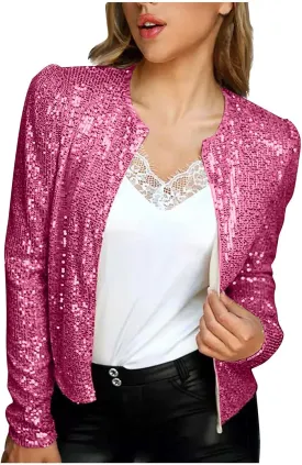 Womens Sequin Blazer Jacket Casual Long Sleeve Open Front Zip Up Sparkle Bomber Jackets for Evening Party