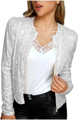 Womens Sequin Blazer Jacket Casual Long Sleeve Open Front Zip Up Sparkle Bomber Jackets for Evening Party