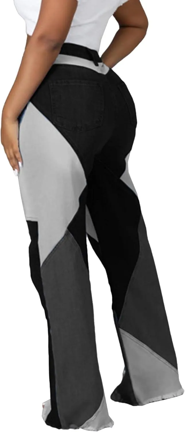 Women's Stylish High Waist Patchwork Jeans Distressed Hippie Vintage Flared Bell Denim Pants