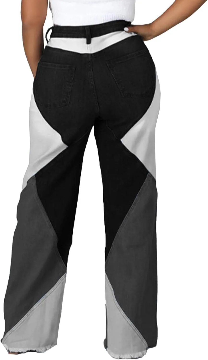 Women's Stylish High Waist Patchwork Jeans Distressed Hippie Vintage Flared Bell Denim Pants
