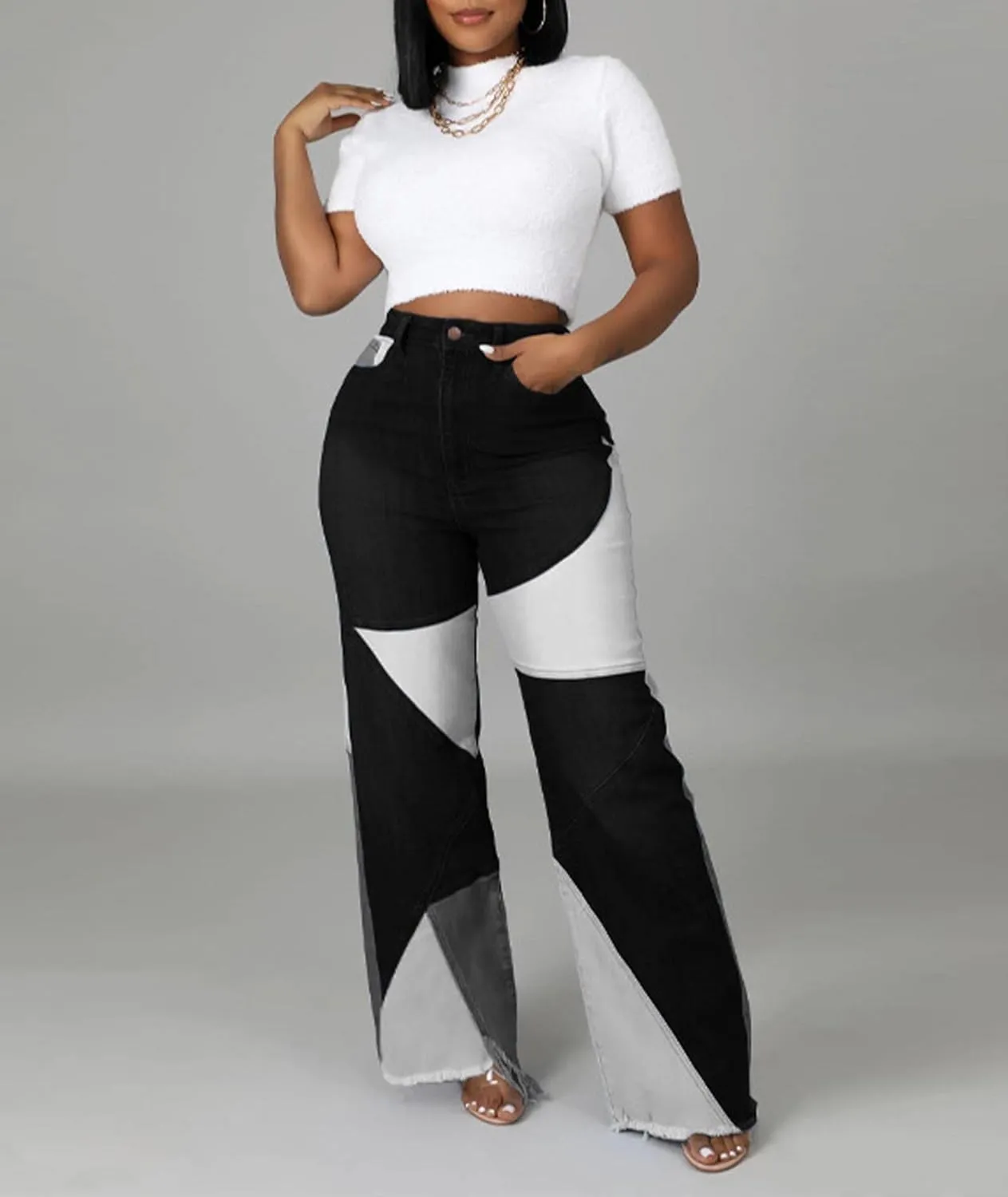 Women's Stylish High Waist Patchwork Jeans Distressed Hippie Vintage Flared Bell Denim Pants