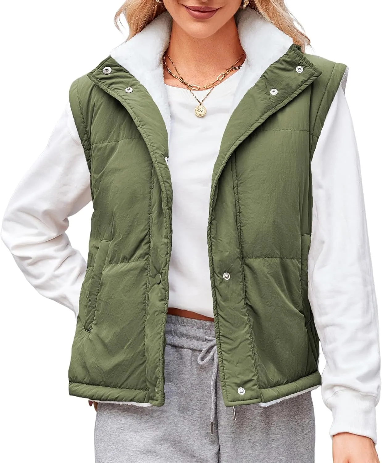 ZAFUL Womens 2024 Fall Cropped Puffer Vest Reversible Zip Up Quilted Vest Sleeveless Winter Fleece Jacket Outerwear