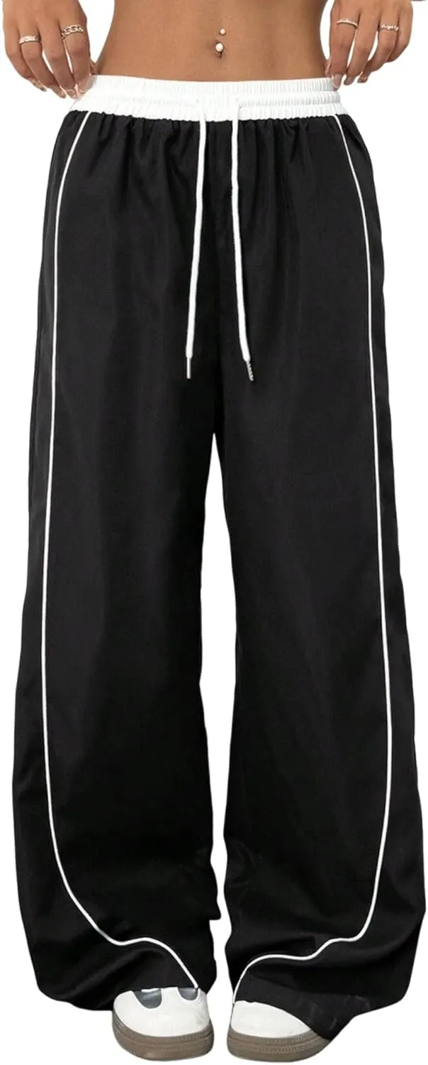 ZAFUL Womens Parachute Pants Y2K Wide Leg Cargo Sweatpants Drawstring Waist Jogger Pants with Pockets