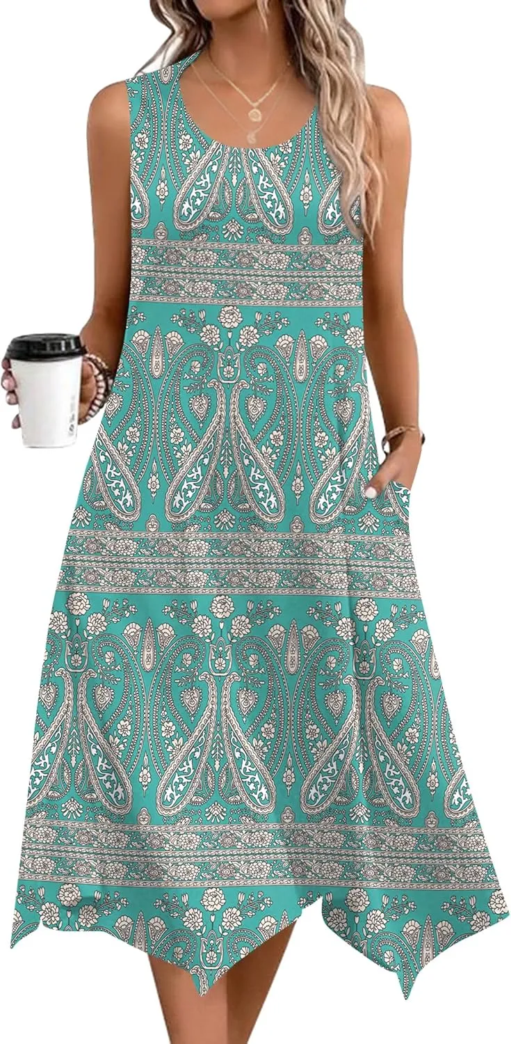 Zeagoo Womens Casual Dress for Summer Tank Dress Loose Flowy Beach Dress with Pockets Hankerchief Flare Midi Sundress 2025