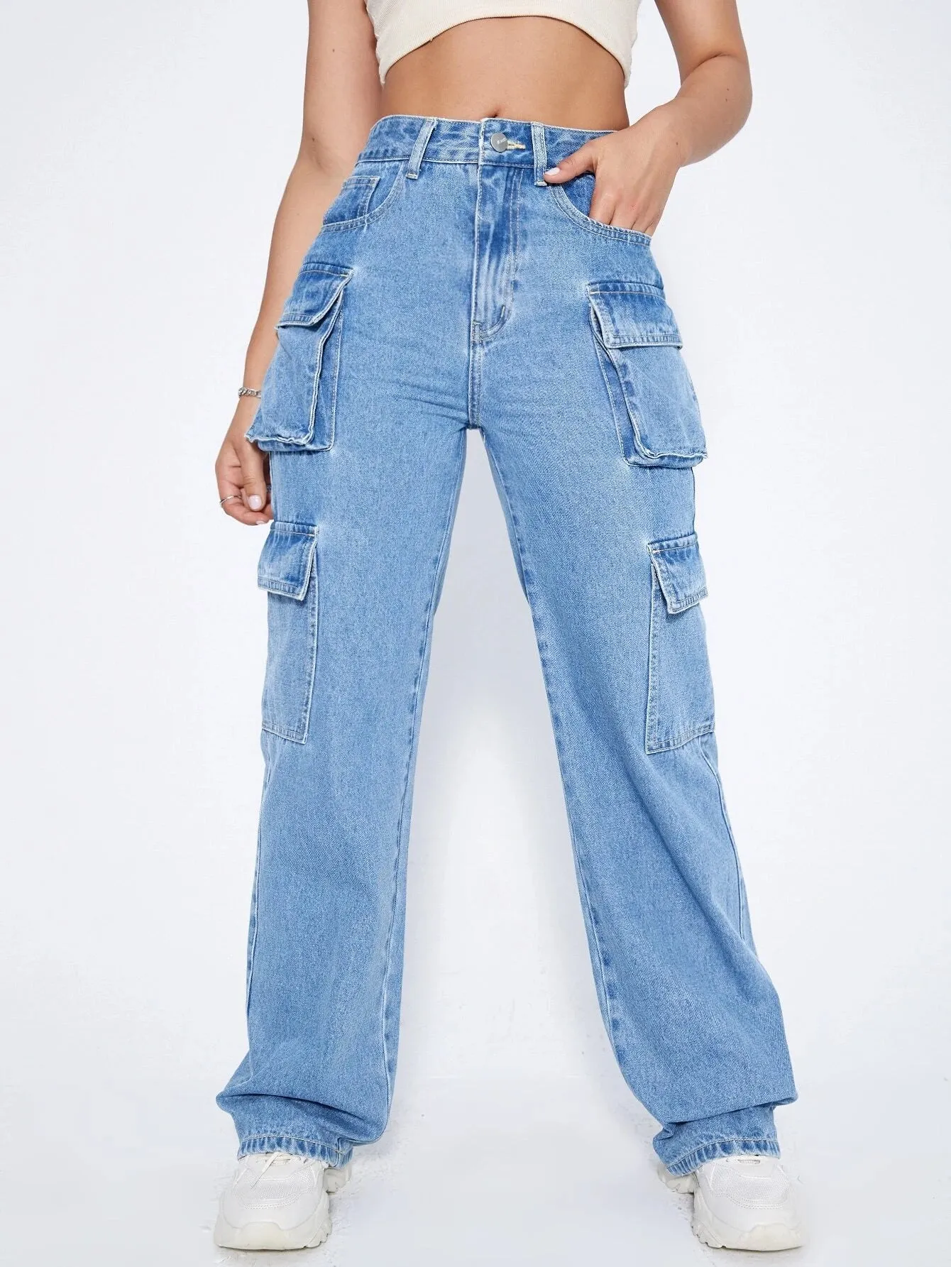 Zippered Pocket Denim Cargo Pants