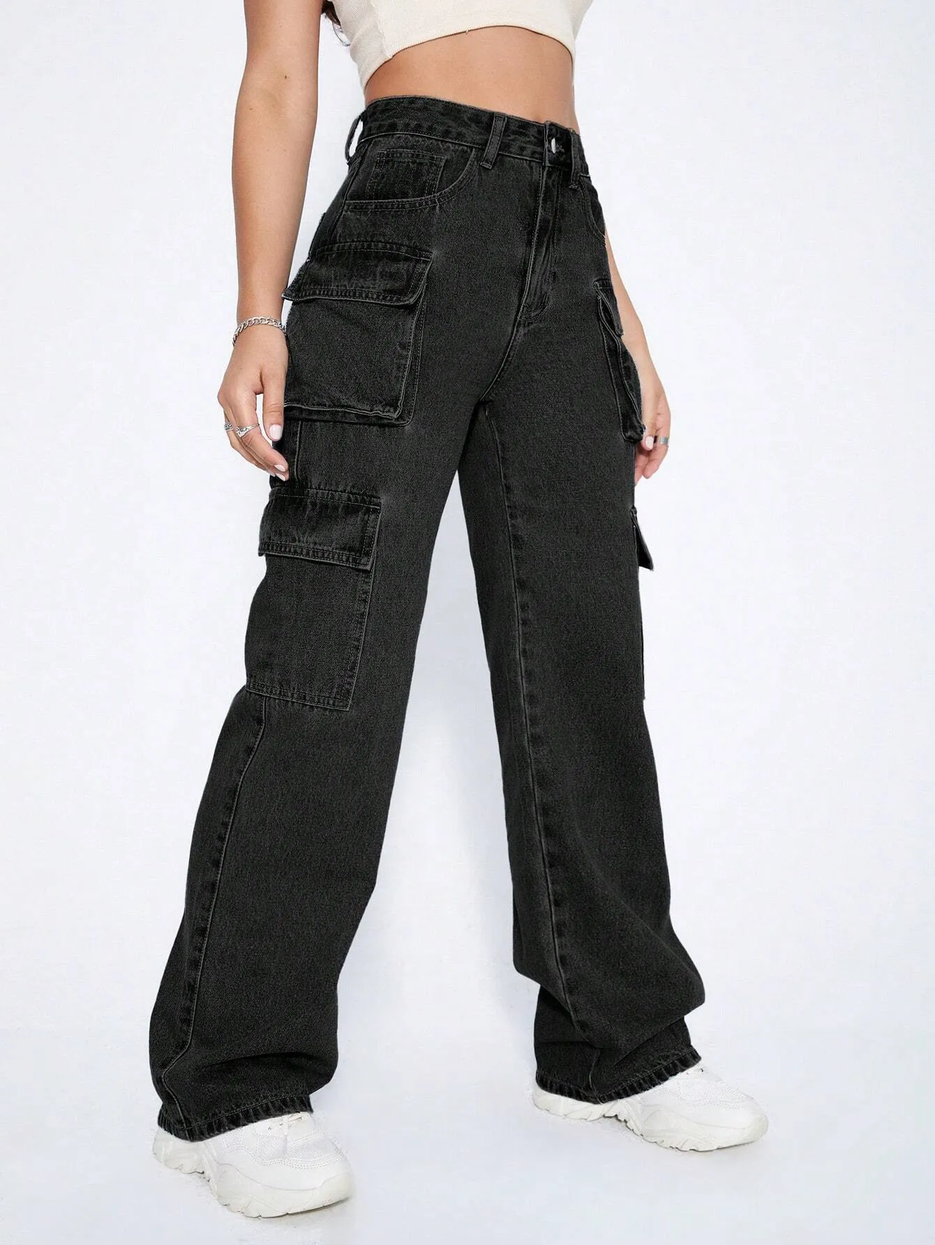Zippered Pocket Denim Cargo Pants