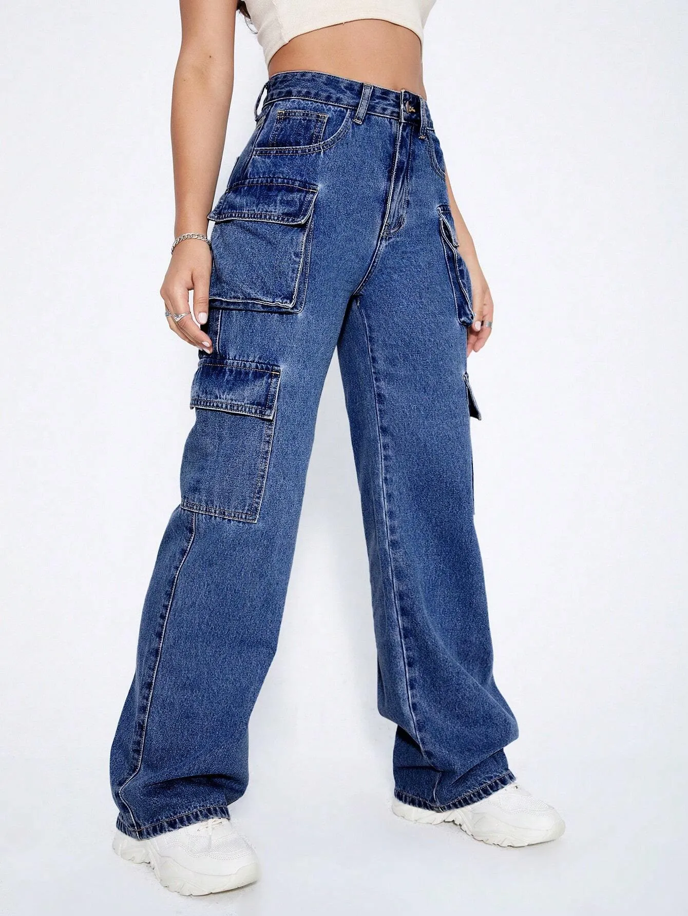 Zippered Pocket Denim Cargo Pants